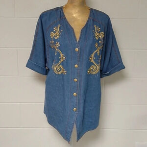 Monique Short sleeve embellished cotton denim tunic top